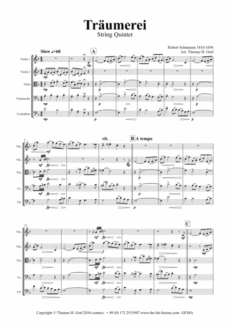 Trumerei Romantic Masterpiece By R Schumann String Quintet Sheet Music