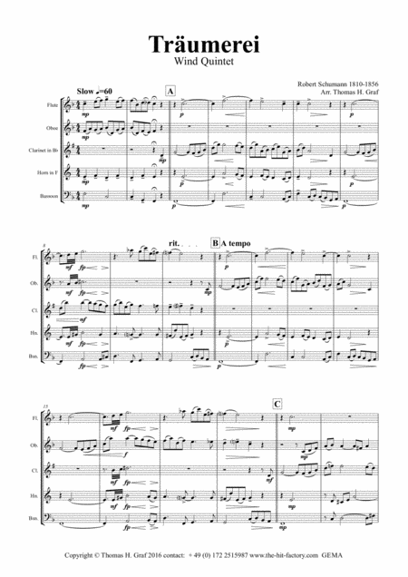 Trumerei Romantic Masterpiece By R Schumann Wind Quintet Sheet Music