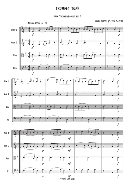 Free Sheet Music Trumpet Tune From Indian Queen Act 2 String Quartet