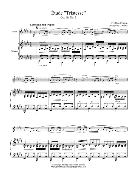 Free Sheet Music Tude Study Tristesse Op 10 No 3 Abridged Easy For Violin And Piano