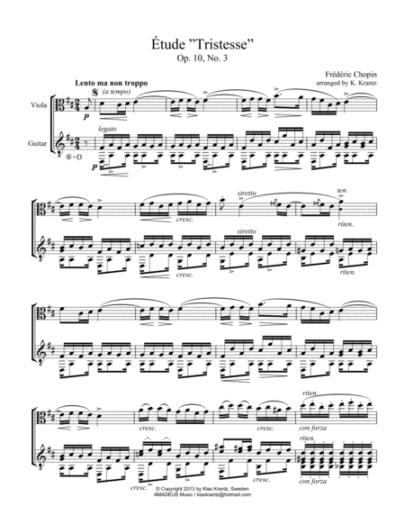 Tude Study Tristesse Op 10 No 3 Abridged For Viola And Guitar Sheet Music