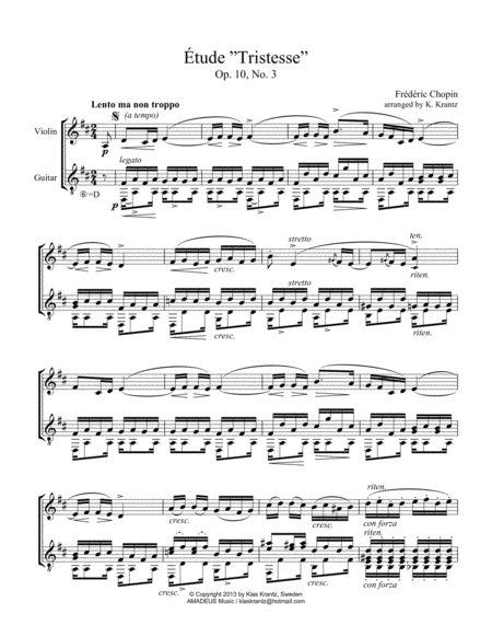 Free Sheet Music Tude Study Tristesse Op 10 No 3 Abridged For Violin And Guitar