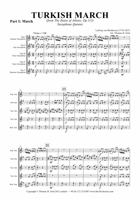 Turkish March Laendler Beethoven Saxophone Quintet Sheet Music