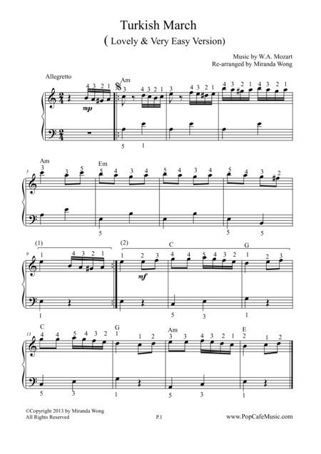 Turkish March Mozart Very Easy Version Sheet Music