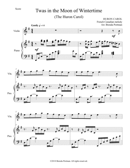 Twas In The Moon Of Wintertime The Huron Carol Violin Piano Arr Brenda Portman Sheet Music