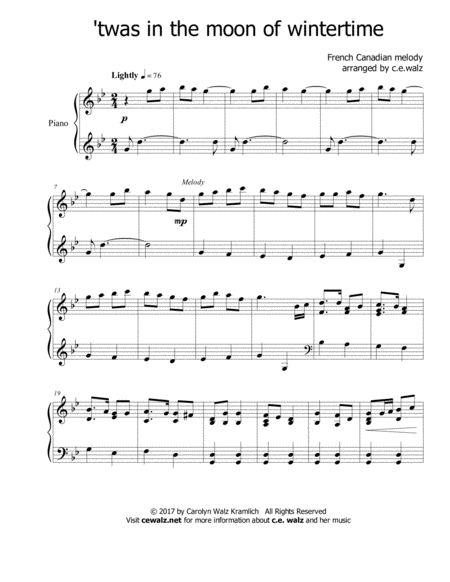 Twas In The Moon Of Wintertime The Huron Carol Sheet Music