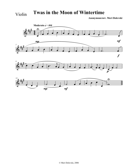 Free Sheet Music Twas In The Moon Of Wintertime Violin Piano