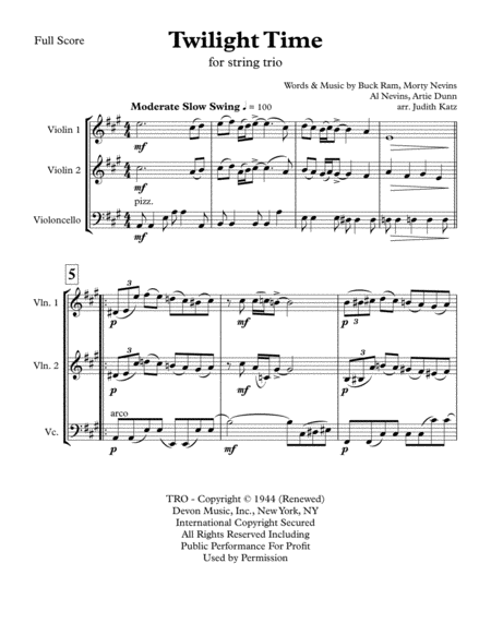 Free Sheet Music Twilight Time For String Trio