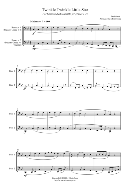 Free Sheet Music Twinkle Twinkle Little Star For Bassoon Duet Suitable For Grades 1 3