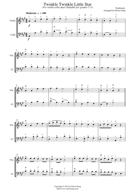 Twinkle Twinkle Little Star For Violin Cello Duet Suitable For Grades 1 3 Sheet Music