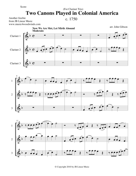 Two Canons Played In Colonial America Clarinet Trio Sheet Music