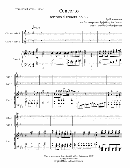 Two Piano Accompaniment To Franz Krommers Concerto For Two Clarinets In Eb Op 35 Movement I Sheet Music