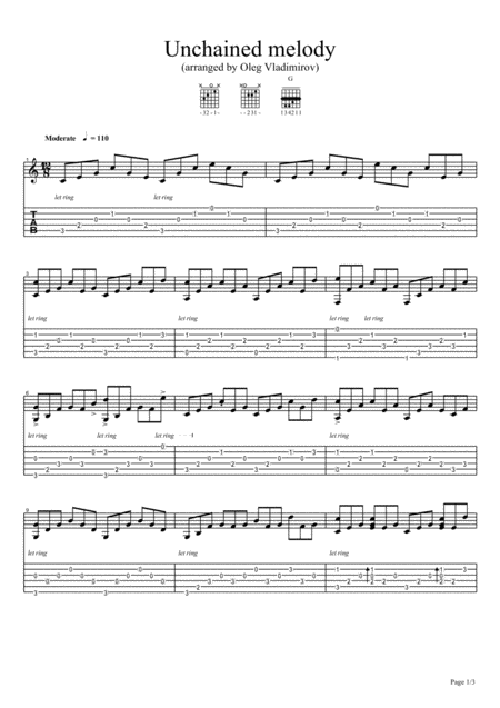Free Sheet Music Unchained Melody Fingerstyle
