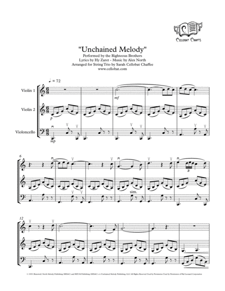 Unchained Melody String Trio 2 Violins Cello Righteous Brothers Arr Cellobat Sheet Music