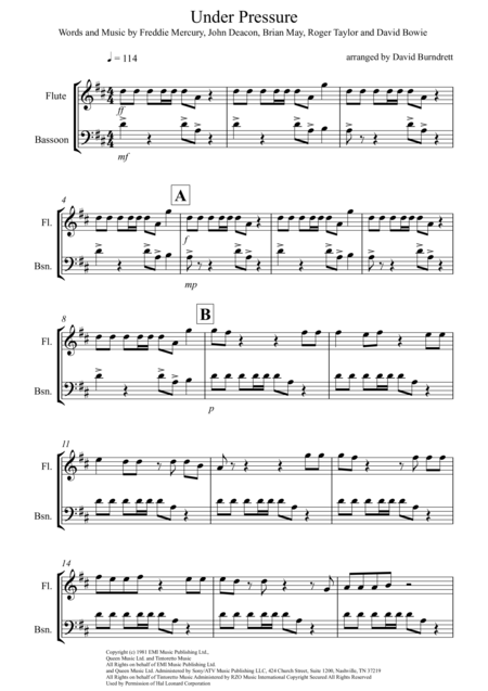 Under Pressure For Flute And Bassoon Duet Sheet Music