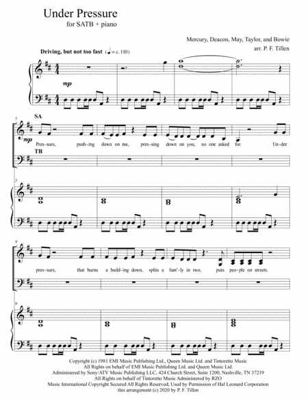 Free Sheet Music Under Pressure For Satb And Piano