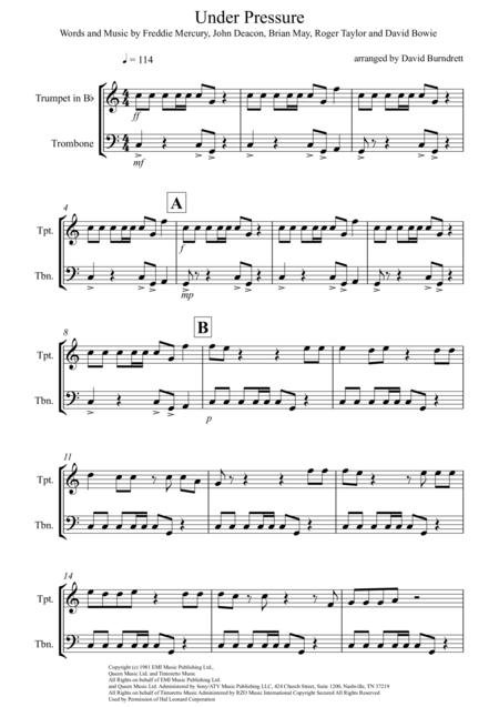 Free Sheet Music Under Pressure For Trumpet And Trombone Duet