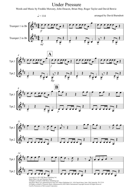 Free Sheet Music Under Pressure For Trumpet Duet