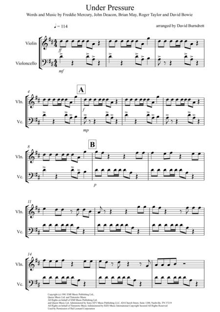 Free Sheet Music Under Pressure For Violin And Cello Duet