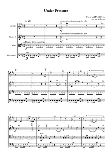 Under Pressure String Quartet Sheet Music