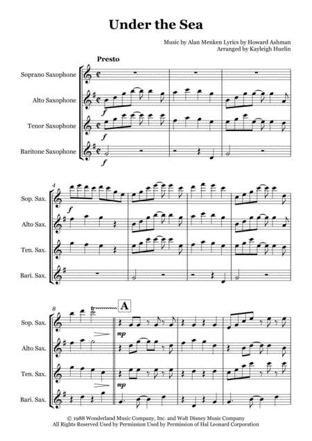 Under The Sea Saxophone Quartet Satb Sheet Music