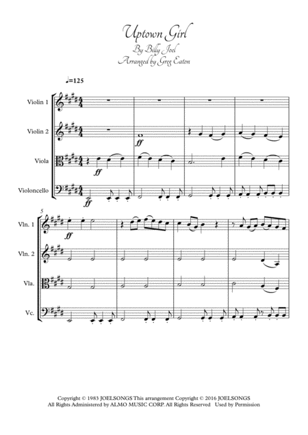 Uptown Girl Arranged For String Quartet By Greg Eaton Score And Parts Perfect For Gigging Quartets Sheet Music