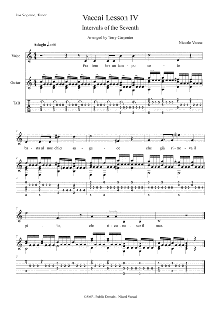 Vaccai Lesson 4 Intervals Of The Seventh For Soprano Tenor Voice Guitar Sheet Music