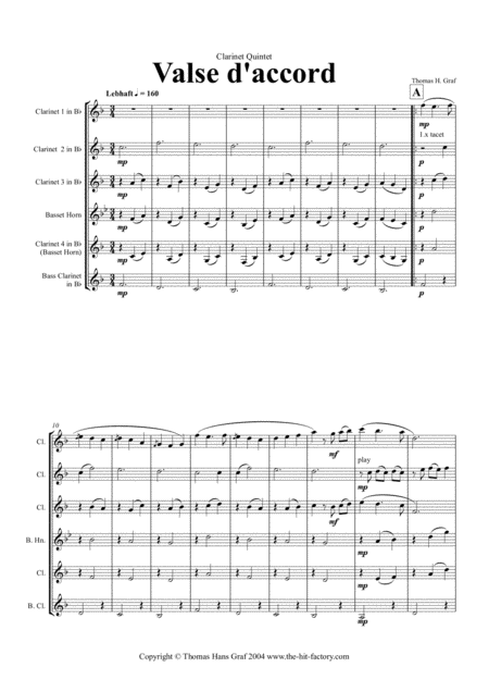 Free Sheet Music Valse Daccord Romantic Valse Clarinet Quintet