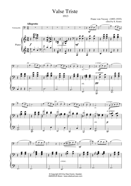 Free Sheet Music Valse Trist For Cello And Piano