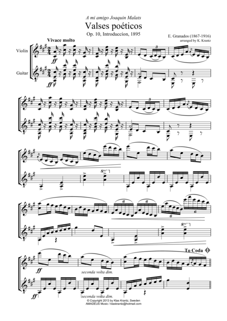 Valses Poeticos For Violin And Guitar Sheet Music