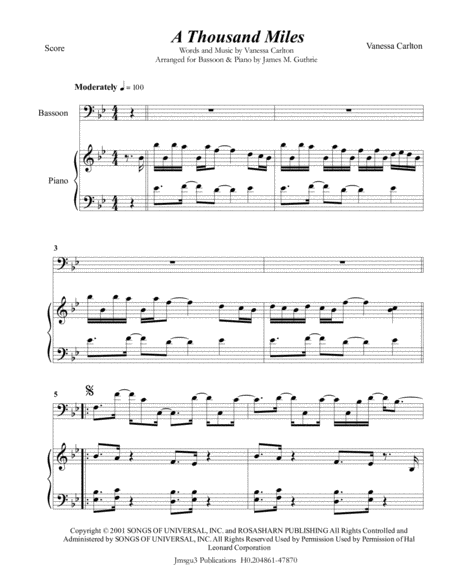 Vanessa Carlton A Thousand Miles For Bassoon Piano Sheet Music