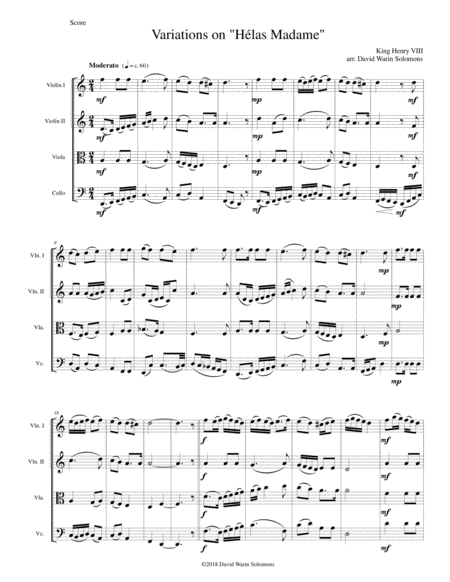 Free Sheet Music Variations For String Quartet On Hlas Madame Attributed To Henry Viii