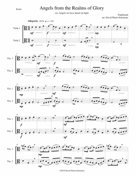 Free Sheet Music Variations On Angels From The Realms Of Glory Or Angels We Have Heard On High For Viola Duo
