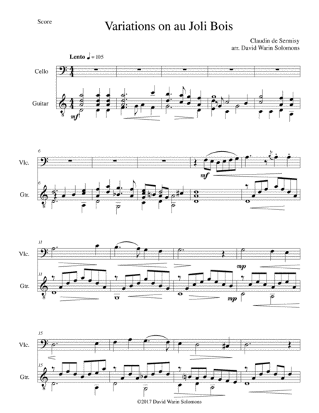 Free Sheet Music Variations On Au Joli Bois For Cello And Guitar