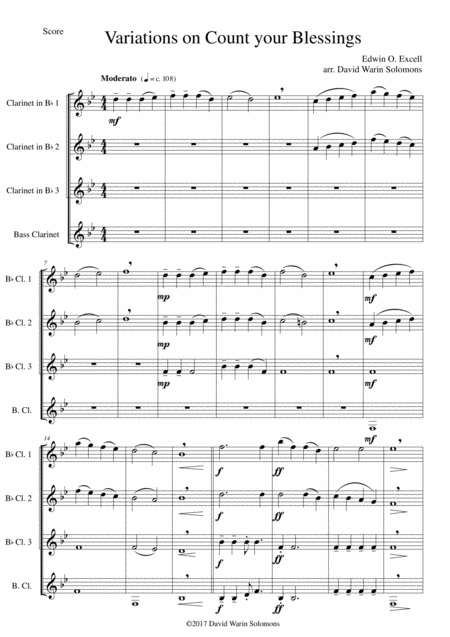 Variations On Count Your Blessings For Clarinet Quartet Sheet Music