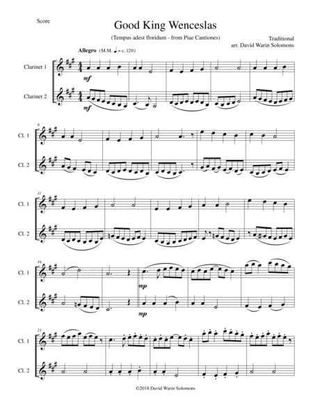 Variations On Good King Wenceslas Tempus Adest Floridum For Clarinet Duo Sheet Music