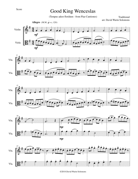 Variations On Good King Wenceslas Tempus Adest Floridum For Violin And Viola Sheet Music