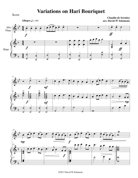 Variations On Hari Bouriquet For Alto Flute And Harp Sheet Music