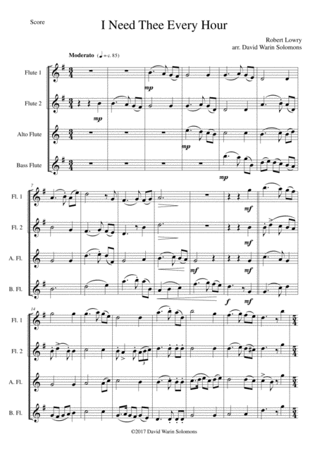 Variations On I Need Thee Every Hour For Flute Quartet 2 C Flutes Alto Flute Bass Flute Sheet Music