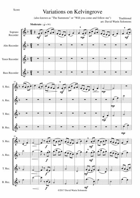 Variations On Kelvingrove Also Known As The Summons Or Will You Come And Follow Me For Recorder Quartet Sheet Music