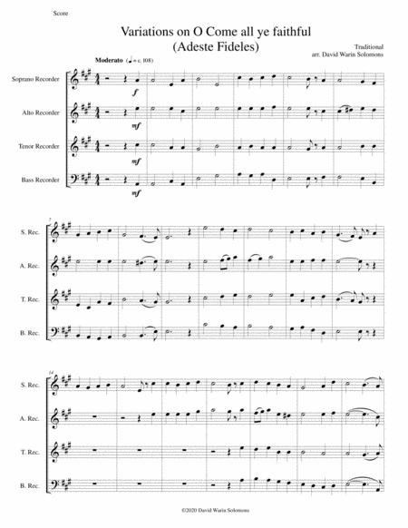 Variations On O Come All Ye Faithful Adeste Fideles For Recorder Quartet Sheet Music