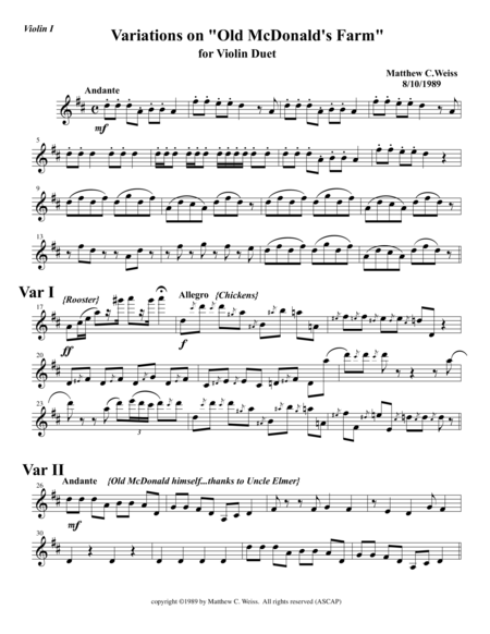 Free Sheet Music Variations On Old Mcdonalds Farm Violin 1