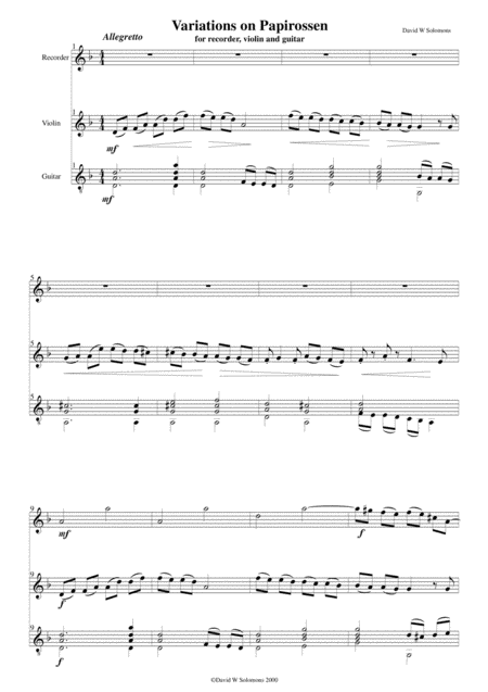 Free Sheet Music Variations On Papirossen Trio For Alto Recorder Violin Guitar