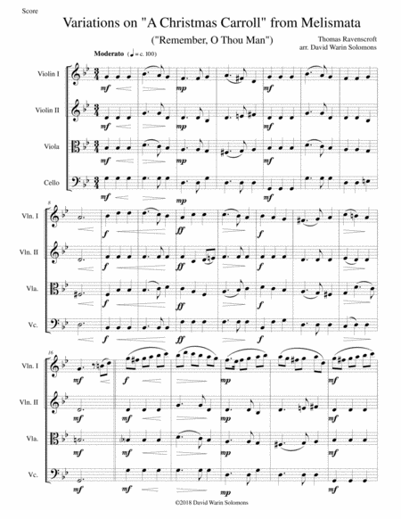 Free Sheet Music Variations On Remember O Thou Man A Christmas Carroll From Ravenscrofts Melismata For String Quartet