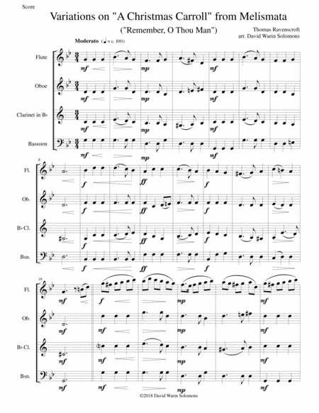 Variations On Remember O Thou Man A Christmas Carroll From Ravenscrofts Melismata For Wind Quartet Sheet Music