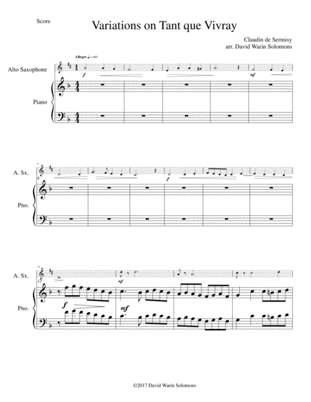 Variations On Tant Que Vivray For Alto Saxophone And Piano Sheet Music