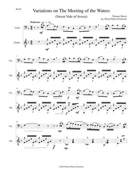 Variations On The Meeting Of The Waters Sweet Vale Of Avoca For Cello And Guitar Sheet Music