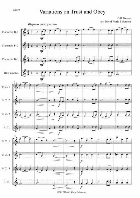 Free Sheet Music Variations On Trust And Obey For Clarinet Quartet 3 B Flats And 1 Bass