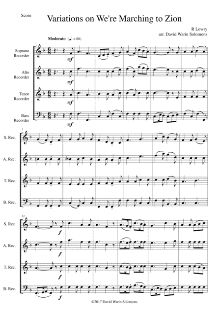 Free Sheet Music Variations On We Re Marching To Zion For Recorder Quartet