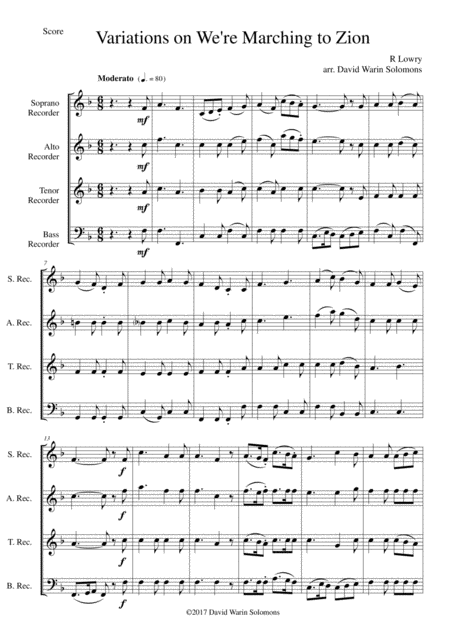 Variations On We Re Marching To Zion For Recorder Quartet Sheet Music